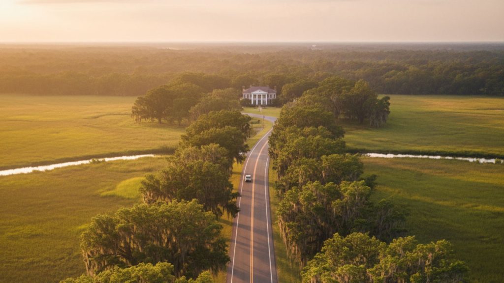 Winding two-lane road in the picturesque lowcountry of South Carolina, framed by ancient oak trees draped with Spanish moss, leading towards a historic plantation house in the distance.