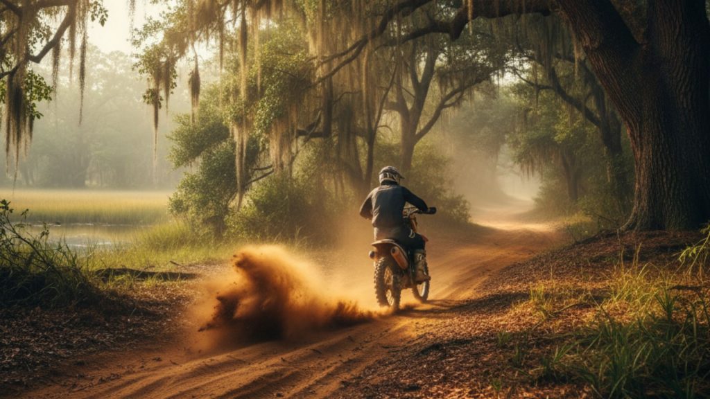 Dirt bike rider navigating a sandy trail through dense, moss-draped forests of the South Carolina lowcountry, with sunlight filtering through the trees.