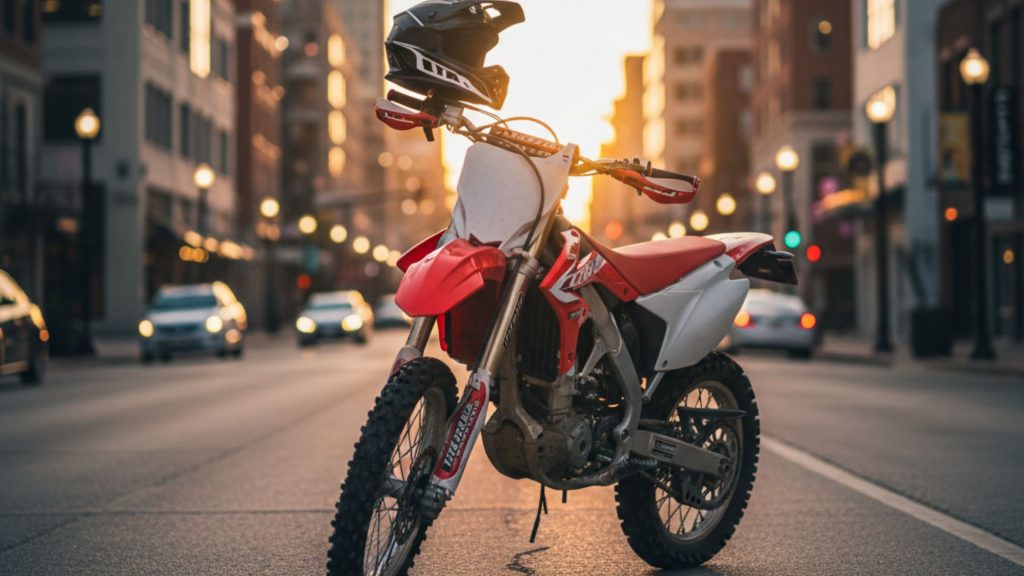 Dirt bike parked on a vibrant downtown street in Nashville, Tennessee, with a helmet resting on the handlebars, surrounded by lively city buildings and distant activity at sunset.