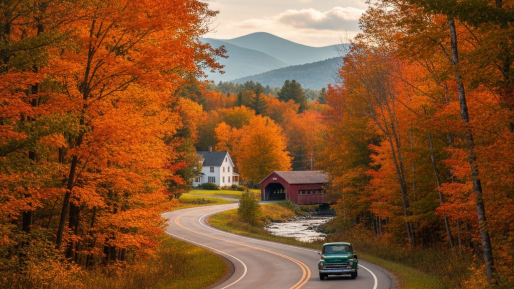 Two-lane road in rural Vermont, surrounded by vibrant autumn foliage, traditional New England homes, and a covered bridge in the distance.