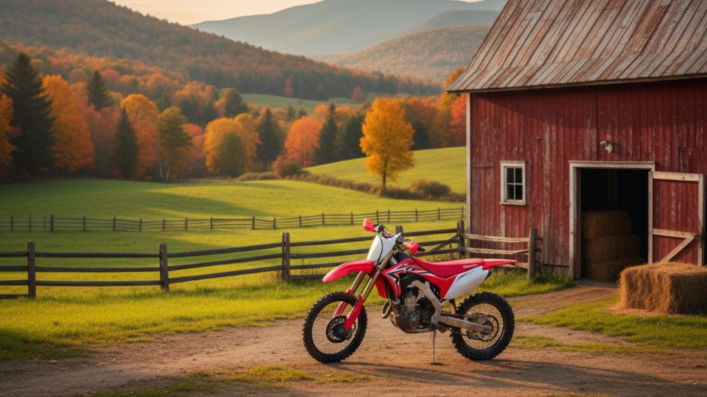 Dirt bike parked beside a rustic red barn in a pastoral valley in rural Vermont, surrounded by rolling green hills and distant fall foliage.