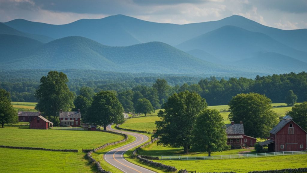 Two-lane road traversing a historic valley in Virginia, flanked by rolling farmland, stone fences, and distant Appalachian mountains under a cloudy sky.