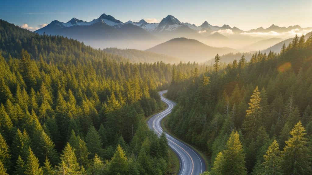 Sweeping, winding two-lane road in the lush Snoqualmie National Forest of Washington, surrounded by dense evergreen trees and distant misty mountains under a broad sky.