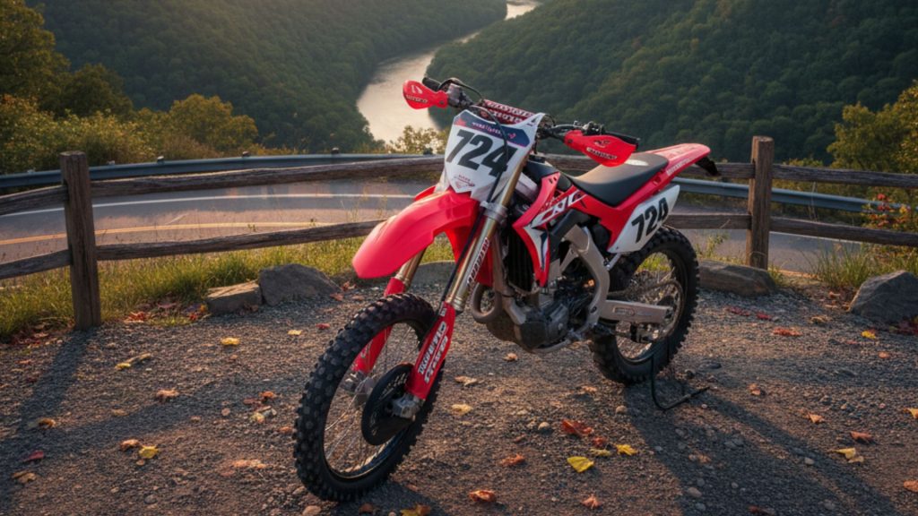 Dirt bike parked on a gravel shoulder overlooking a vast scenic overlook in the New River Gorge National Park, West Virginia, with the iconic bridge and deep canyon visible in the distance.
