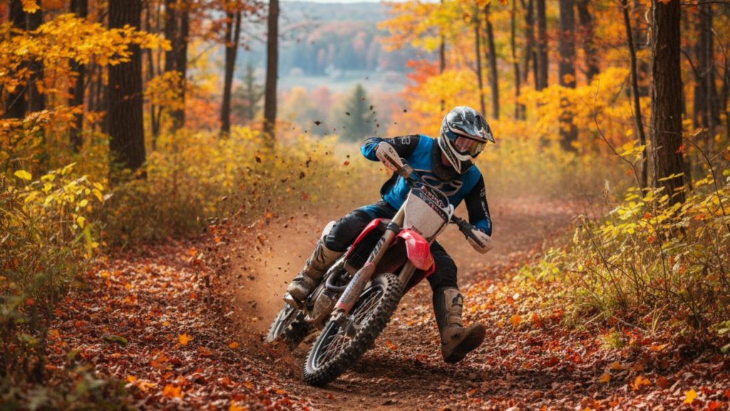 Dirt bike rider leaning sharply into a turn on a wooded trail in rural Wisconsin, kicking up fallen autumn leaves and dirt, with dense forest in the background.