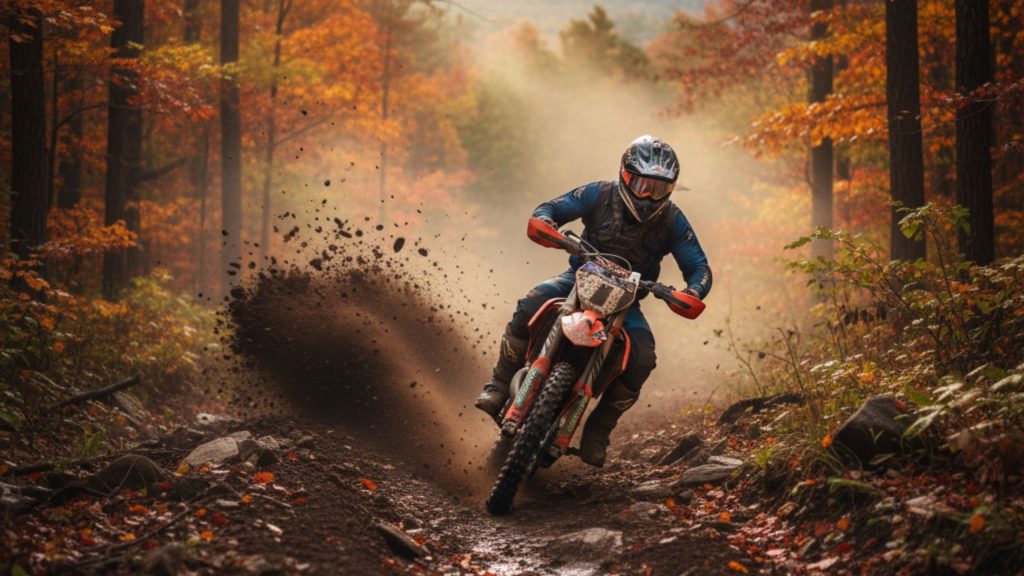 Dirt bike rider kicking up loose dirt on a challenging, rocky trail through a dense, Appalachian forest in West Virginia, with autumn foliage and a misty backdrop.