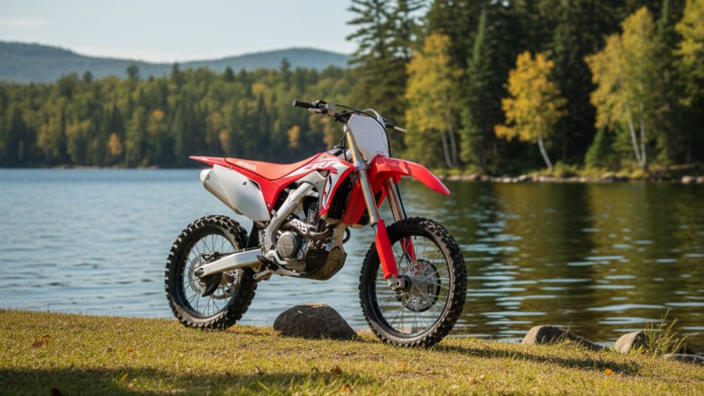 Dirt bike angled on a grassy shore next to a serene lake in Northern Wisconsin, with calm water, dense pine trees, and a clear blue sky, evoking a peaceful, remote setting.