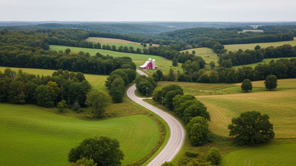 Two-lane road descending into a picturesque rural valley in Wisconsin, surrounded by rolling hills of farmland and deciduous forests under a soft, overcast sky.