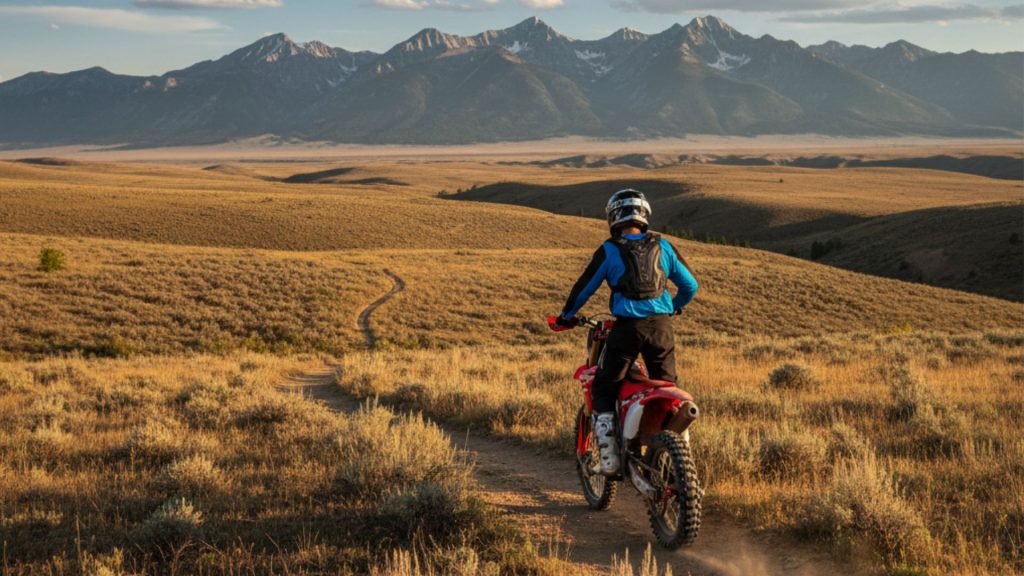 Dirt bike rider standing on their pegs, looking out over a vast, open landscape of rolling sagebrush hills and distant mountain ranges in Wyoming, with a trail winding through the foreground.