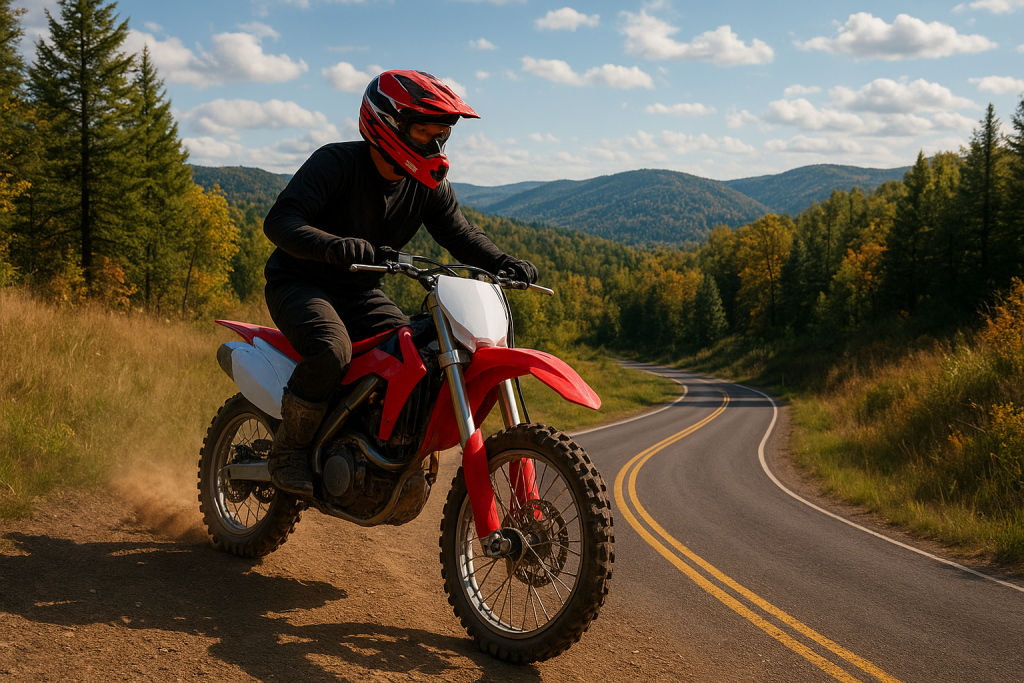 A dirt bike rider navigating a rugged mountain trail in Montana, surrounded by pine forests and towering peaks under a bright blue sky.