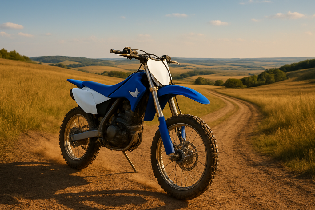 A blue and white dirt bike parked on a dirt trail in Nebraska, surrounded by open farmland and grassy rolling hills.