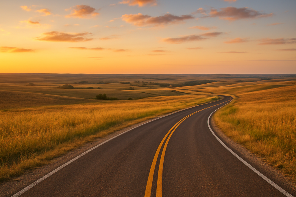 A scenic Nebraska country road winding through rolling golden fields beneath a warm orange sunset sky.