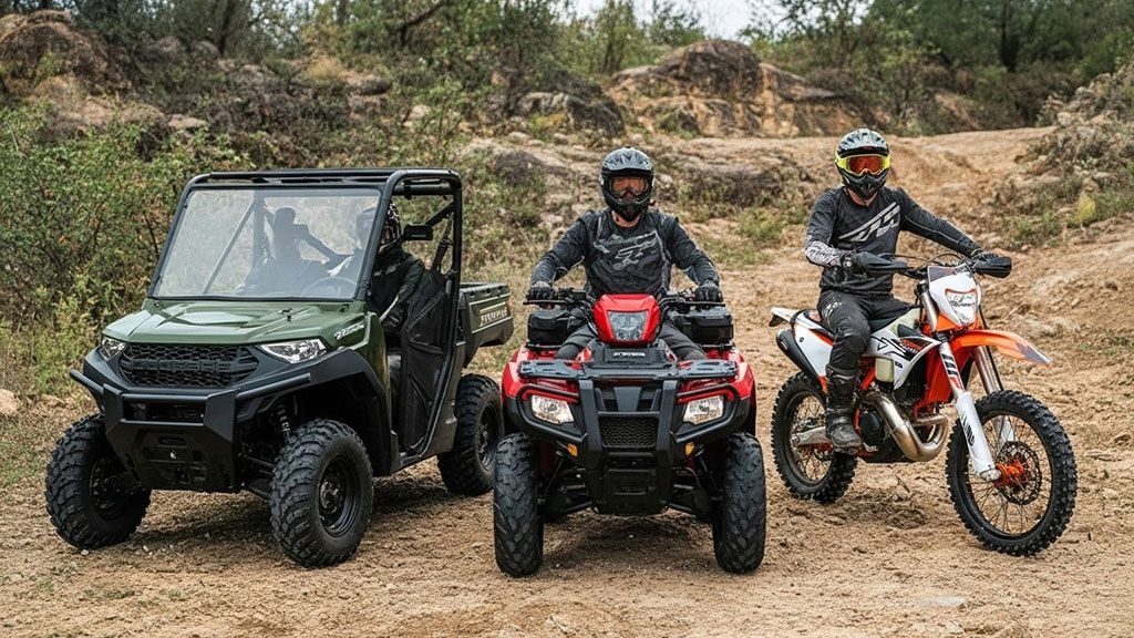 2026 Polaris RANGER 1000, Honda FourTrax Rubicon ATV, and KTM 300 XC-W dirt bike parked on a dirt trail with riders.