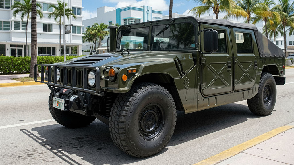 Fully restored olive green military Humvee from Miami Military Trucks, legally street-registered, parked on a sunny Miami Beach street with Art Deco buildings and palm trees in the background.