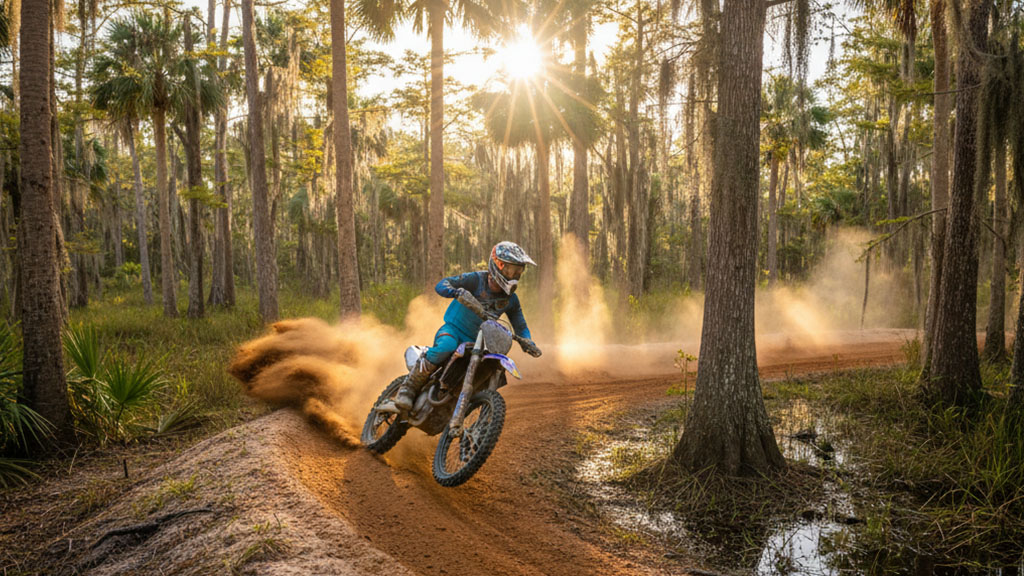 A dirt bike rider on a sandy trail in a sun-dappled Florida forest, kicking up dust amidst palm trees and cypress trees with Spanish moss.