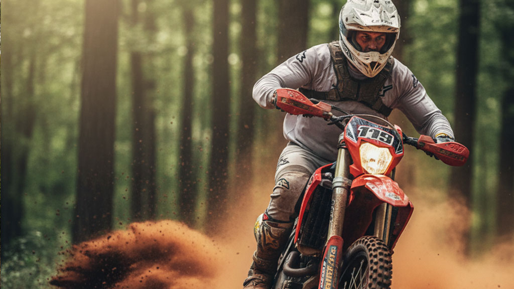 A focused dirt bike rider in a helmet and protective gear, on a red dirt bike, kicking up a plume of red dust on a forest trail.