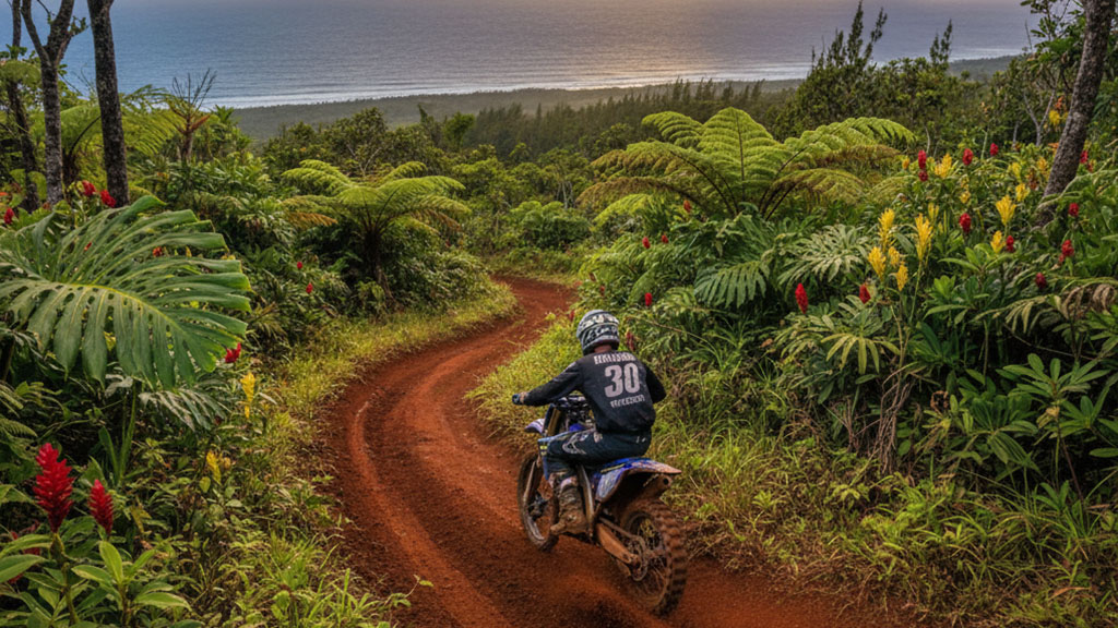 A dirt bike rider on a red dirt trail winding through lush Hawaiian rainforest with ferns and colorful flowers, overlooking the Pacific Ocean.