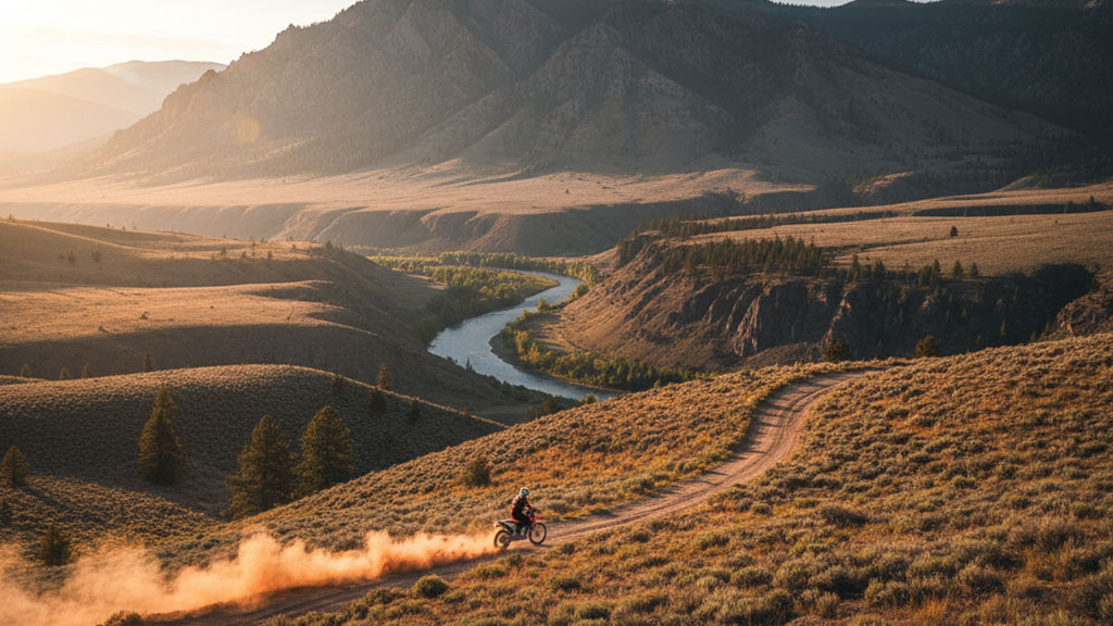 A dirt bike rider kicks up dust on a winding dirt trail in Idaho's scenic mountains during sunset, overlooking a river and valley.