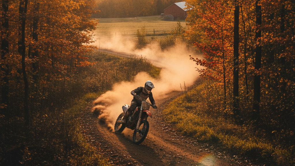 A dirt bike rider kicks up a large cloud of dust on a winding dirt trail surrounded by trees with vibrant orange and yellow autumn foliage, with a red barn in the distance.