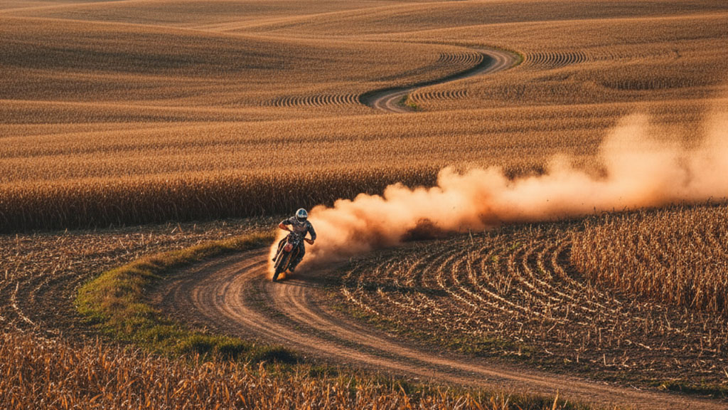 A dirt bike rider kicks up a large cloud of reddish dust while navigating a winding dirt road through vast golden-brown agricultural fields with visible crop rows.