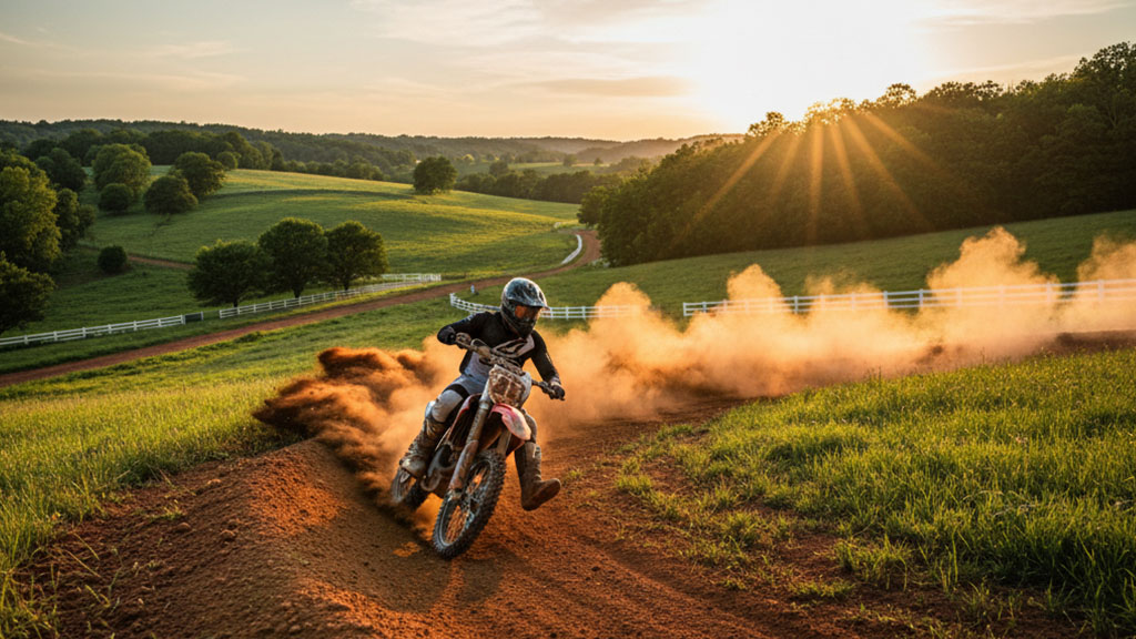A dirt bike rider kicks up a large cloud of dust while cornering sharply on a dirt track in a lush green, rolling countryside at sunset, with white fences and trees in the background.