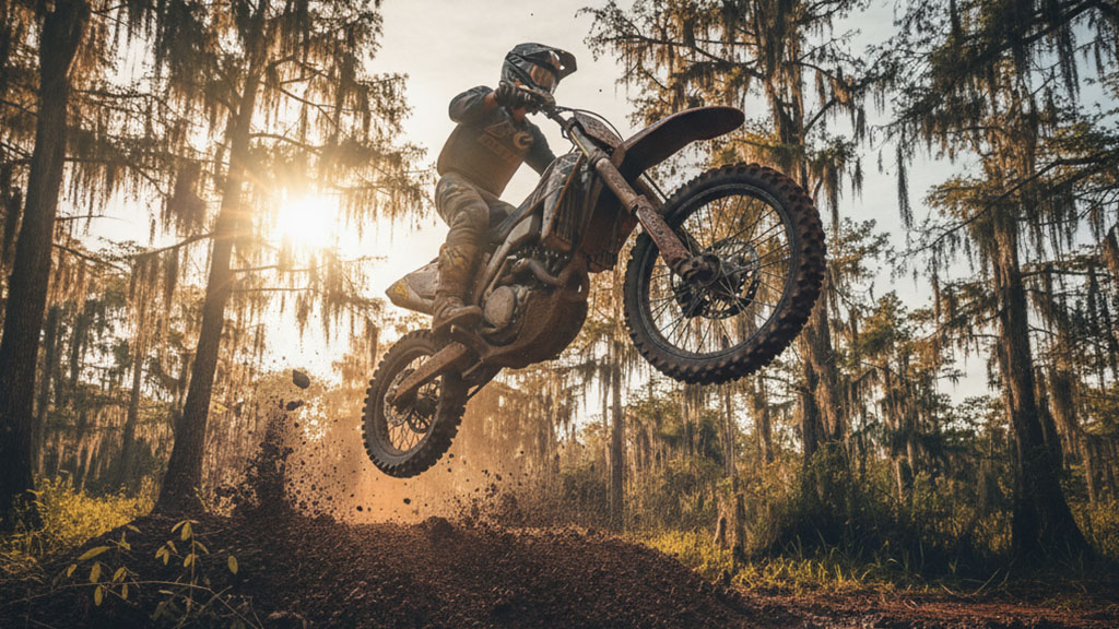 A dirt bike rider in full gear catches air on a jump, kicking up dirt in a sun-drenched, moss-draped forest with tall trees, at sunset.