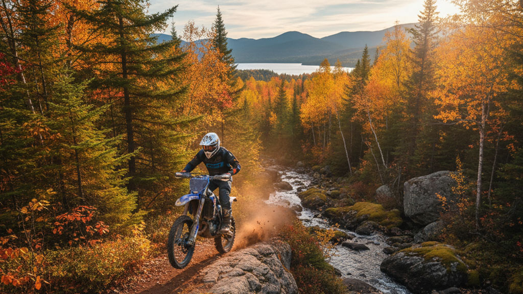 A dirt bike rider on a blue Yamaha rides a rocky trail next to a flowing stream in a vibrant autumn forest, with a lake and mountains in the background under a clear sky.
