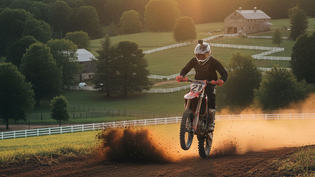 A dirt bike rider wearing a helmet and goggles jumps off a small mound, kicking up dirt, on a track in a scenic green countryside with white fences, barns, and trees under a warm, low sun.