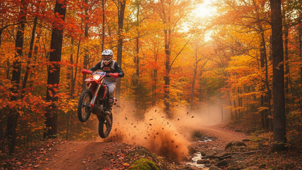 A dirt bike rider on a red Honda jumps over a small hill, kicking up dirt, on a trail winding through a vibrant autumn forest with bright orange and red leaves, under a glowing sunset.