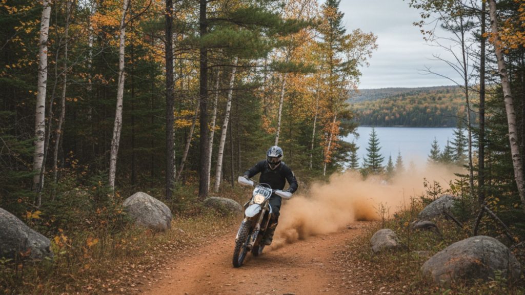Person dirt biking on a forested trail in Michigan, with a lake in the background.