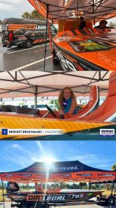 Three-panel image displaying the Dirt Legal Velocity Factory Race Team presence. Top: Dirt Legal van and powerboat under a tent. Middle: WINK News reporter interviewing from inside the race boat. Bottom: Dirt Legal tent with powerboat #789 in full sun.