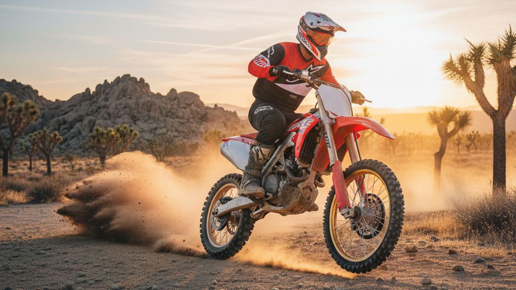 A dirt bike rider in red and black gear kicks up dust while riding through a desert landscape with trees and rocky hills at sunset.