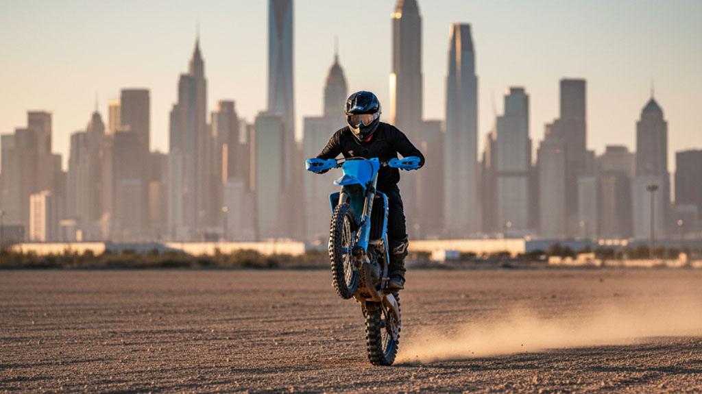 A rider on a blue dirt bike performs a wheelie in a dusty open area with a prominent city skyline in the background.