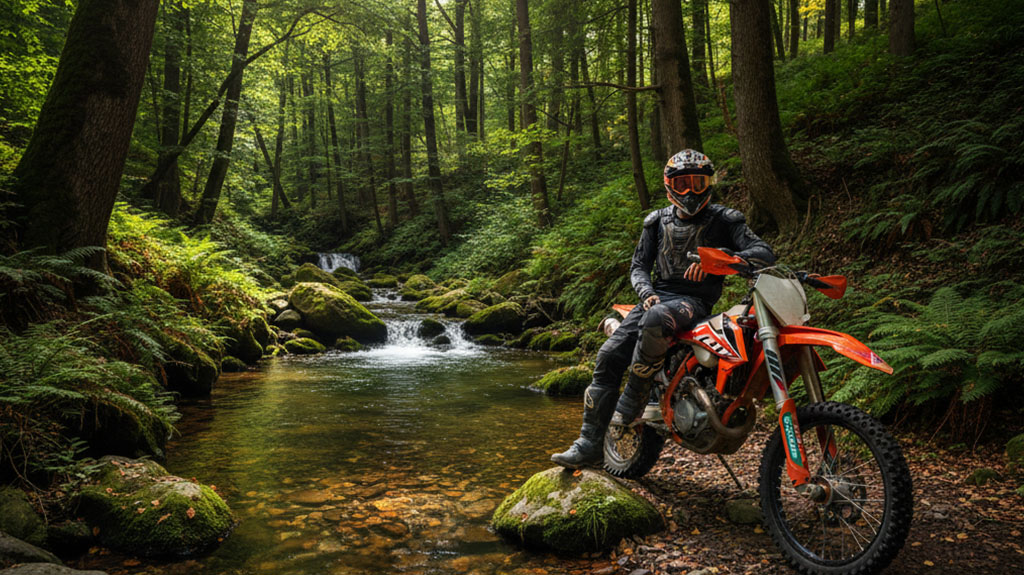 Motorcyclist with orange dirt bike in dense forest, sitting by a creek with rocks and a small waterfall in the background.