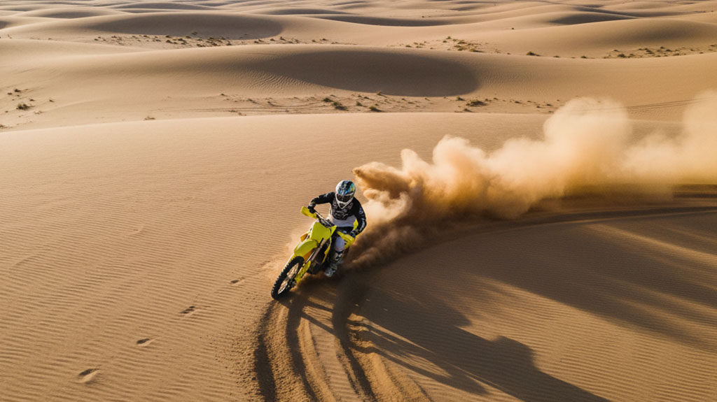 An aerial view of a dirt bike rider on a yellow bike kicking up a large plume of sand while riding aggressively through desert dunes in Louisiana.
