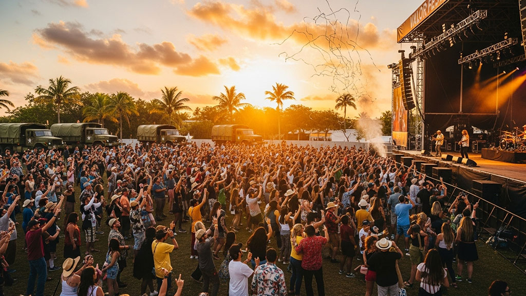 Vibrant Valor Fest music festival crowd at sunset, with a band performing on a large stage and several Miami Military Trucks parked in the background, surrounded by palm trees.