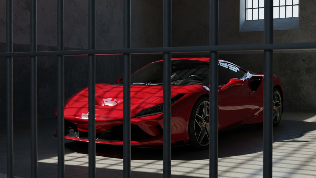 Red Ferrari F8 Tributo behind prison bars in a dark cell, symbolizing legal trouble and vehicle seizure.