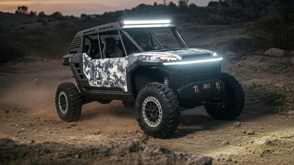 Toyota Scion 01 Concept off-road vehicle with digital camo livery driving on a dirt trail at dusk, showcasing its LED light bar and powerful stance. This hybrid SxS debuted at SEMA 2025.