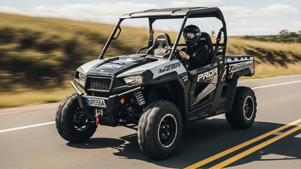 Black and white side-by-side UTV with a driver wearing a helmet, driving on a paved road