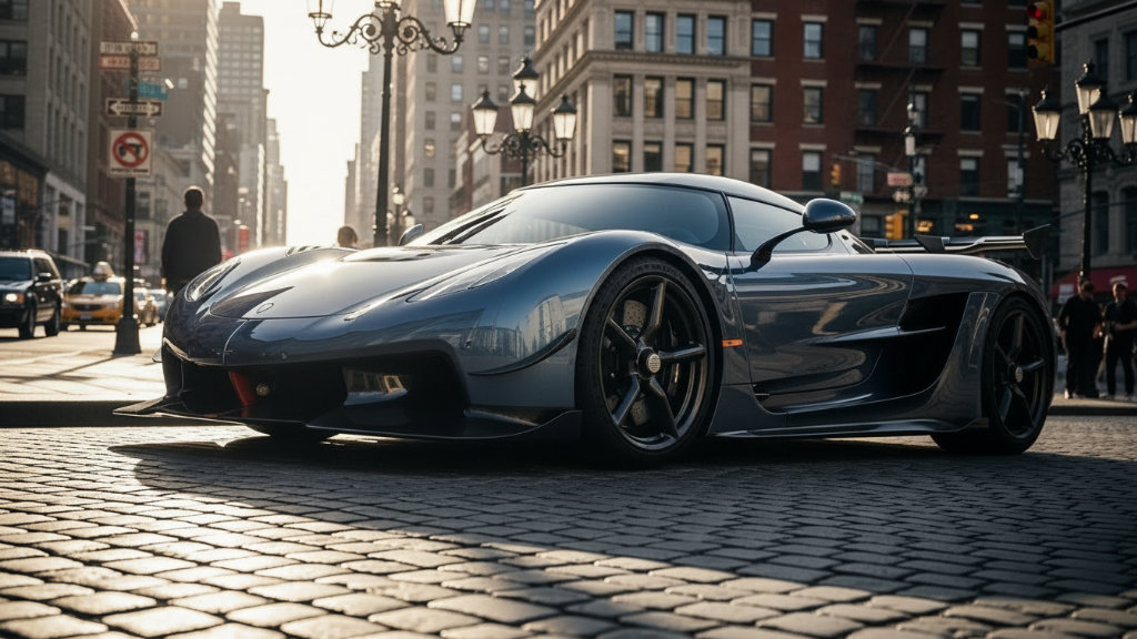 Sleek grey Koenigsegg Regera hypercar parked on a cobblestone street in a bustling city, with tall buildings and pedestrians in the background under bright sunlight.
