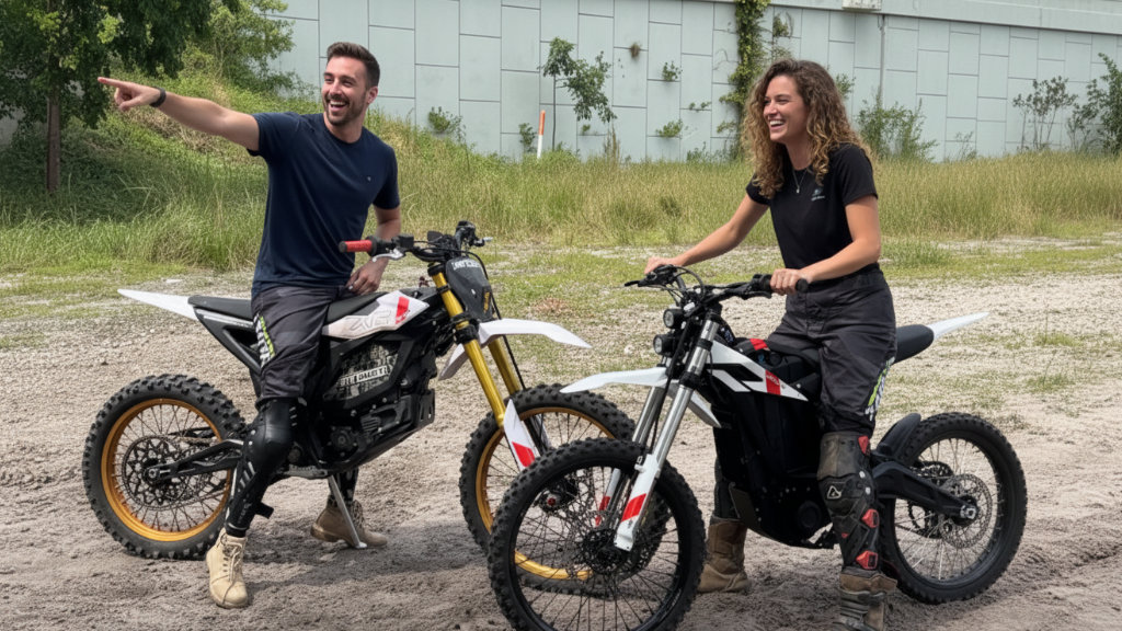 Two happy riders, a man and a woman, with their custom E-Motos (electric dirt bikes like Sur Ron or Talaria) in an outdoor setting, representing the GritShift and Dirt Legal enthusiast community.