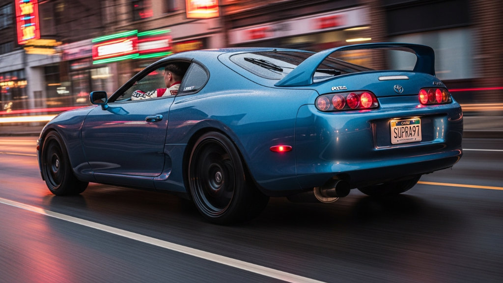 Blue Toyota Supra MK4 driving on a city street at dusk, blurred motion lights in the background, highlighting a classic JDM sports car.