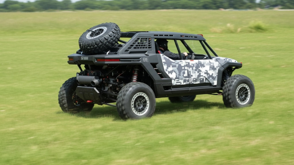 Rear 3/4 view of the Toyota Scion 01 Concept SxS with digital camo livery driving quickly across a green grassy field, showcasing its spare tire and rear suspension.