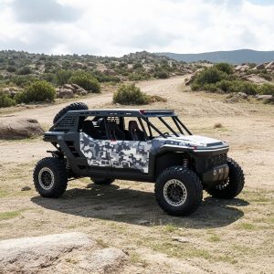 Side view of the Toyota Scion 01 Concept UTV in digital camouflage parked on a rocky desert trail under a partly cloudy sky, featuring its spare tire mount and rugged suspension.