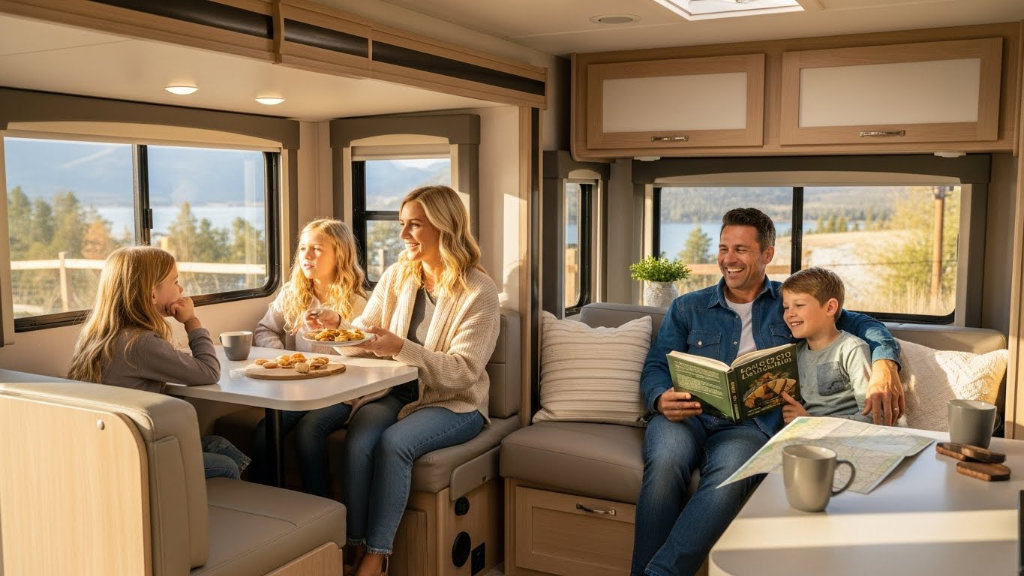 A family relaxing inside a modern RV interior with a scenic mountain lake view through the window, featuring a father and son looking at a map and a mother with children at the dinette.