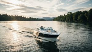 A person driving a white and black bowrider motorboat cruising on a calm river at sunset with lush green forests and distant mountains.
