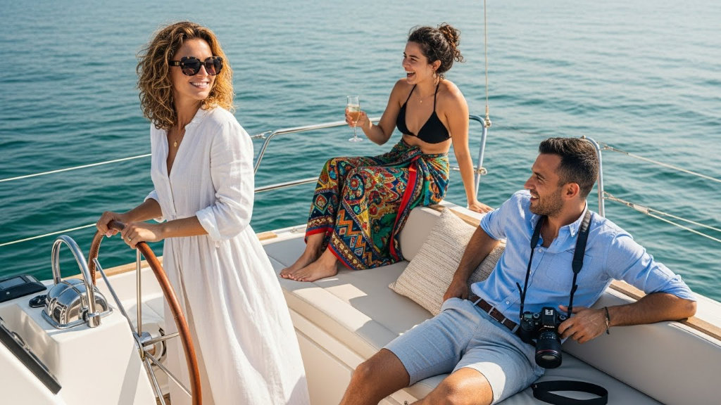Three friends enjoying a luxury yacht trip on a sunny day, with a woman steering the sailboat while others relax with drinks and a camera