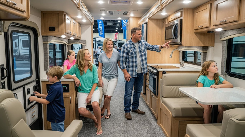 A family of five exploring the modern interior kitchen and dining area of a luxury motorhome at an RV dealership.