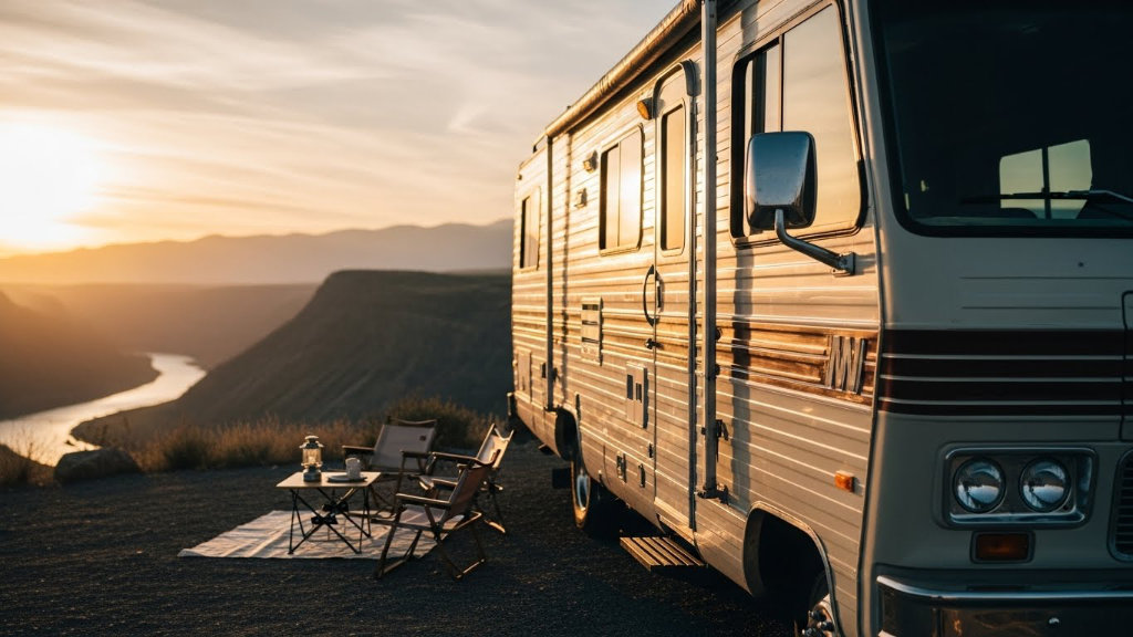A large white motorhome parked at a remote campsite overlooking a river canyon at sunset, with outdoor chairs and a small table set up for evening relaxation.