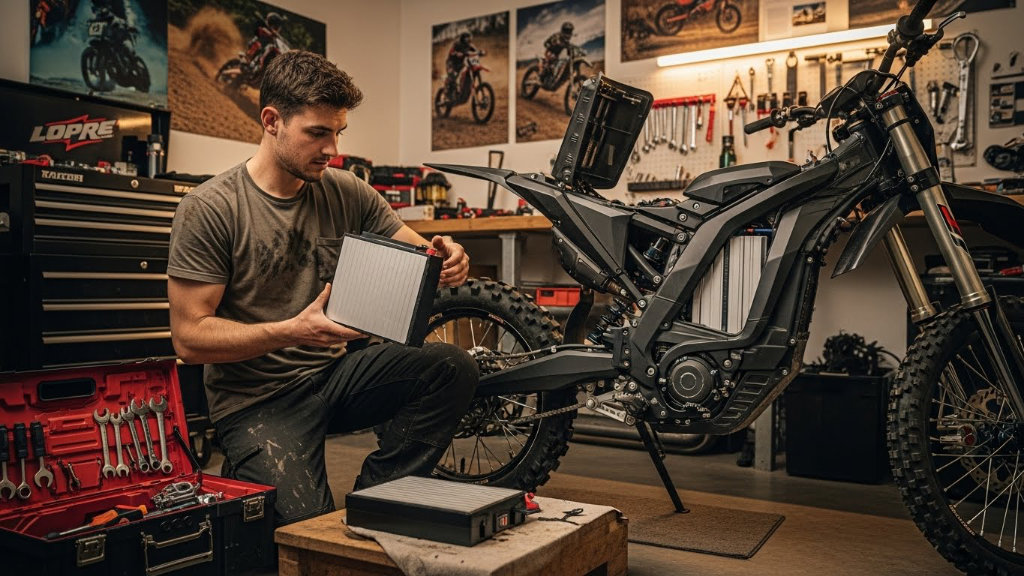 A man in his garage holding a lithium battery pack next to an electric dirt bike, with tools and motocross posters in the background.
